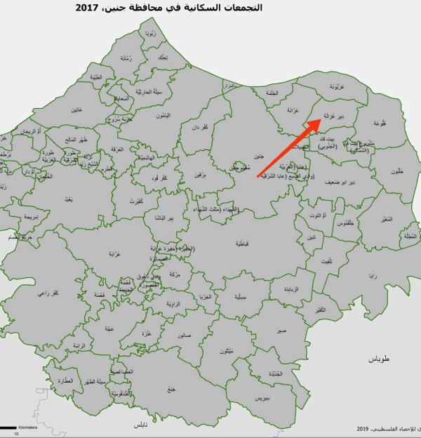 خارطة توضح موقع قرية دير غزالة نقلاً عن الجهاز المركزي للإحصاء الفلسطيني