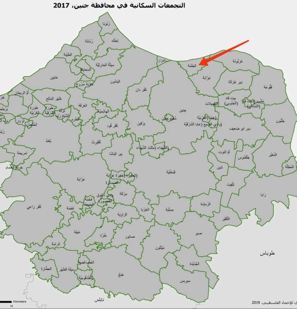 خارطة توضح موقع قرية الجلمة نقلاً عن الجهاز المركزي للإحصاء الفلسطيني