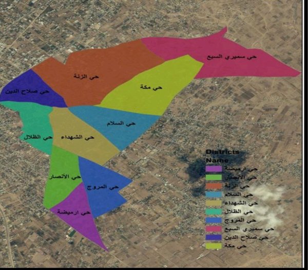 خارطة توضح أسماء أحياء مدينة بني سهيلا وموقع كل حي منها، نقلاً عن موقع بلدية بني سهيلا