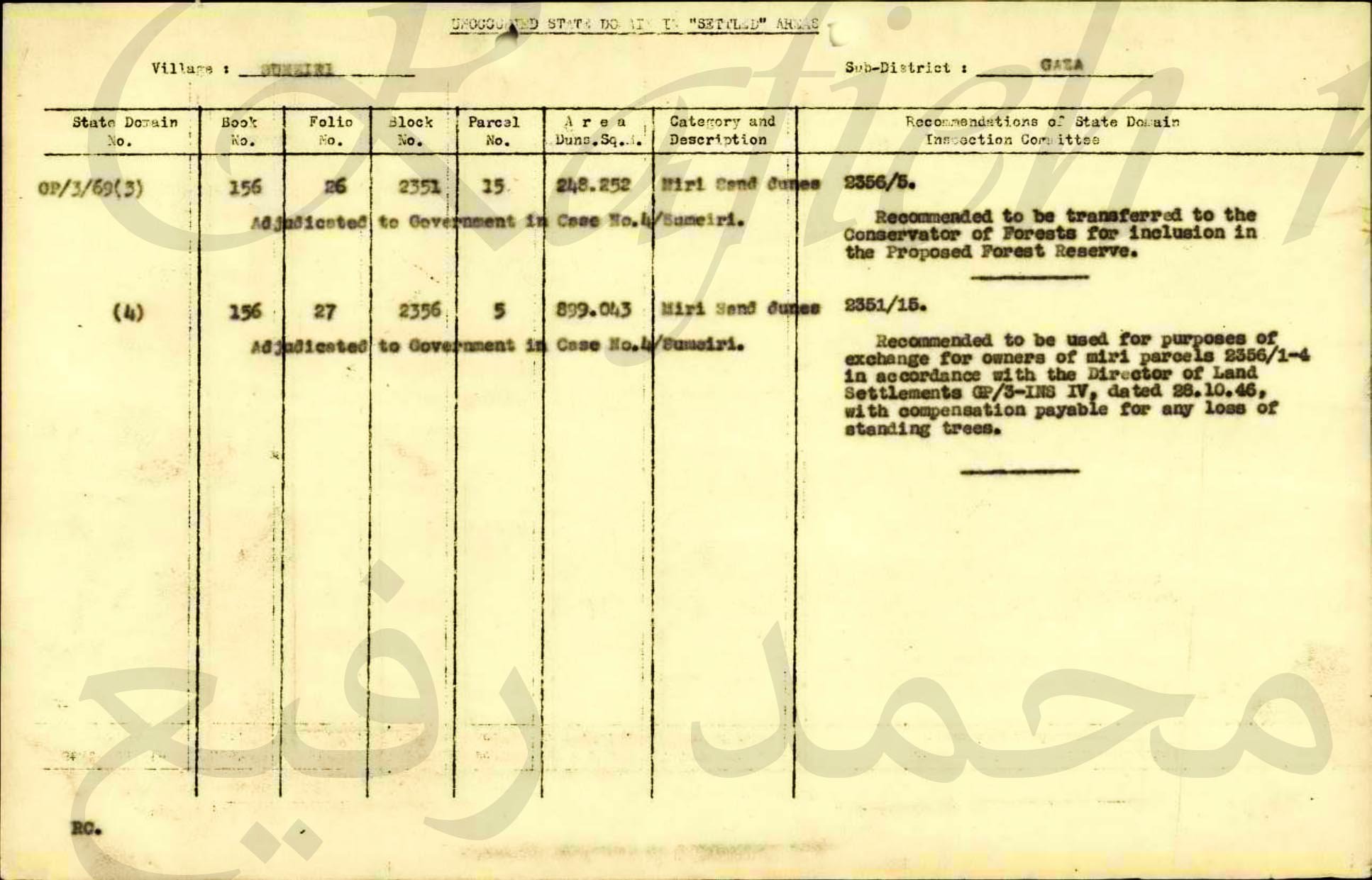 تسجيل (أراضي الدولة) و(الأراضي الأميرية) في (منطقة السميري؛ قضاء غزة؛ فلسطين) في العام 1947، نقلًا عن الباحث محمد رفيع