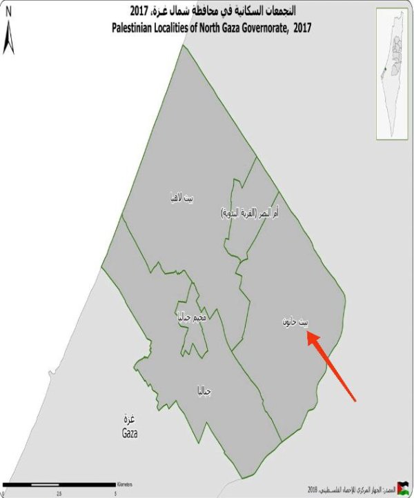خارطة توضح موقع مدينة بيت حانون، نقلاً عن الجهاز المركزي للإحصاء الفلسطيني