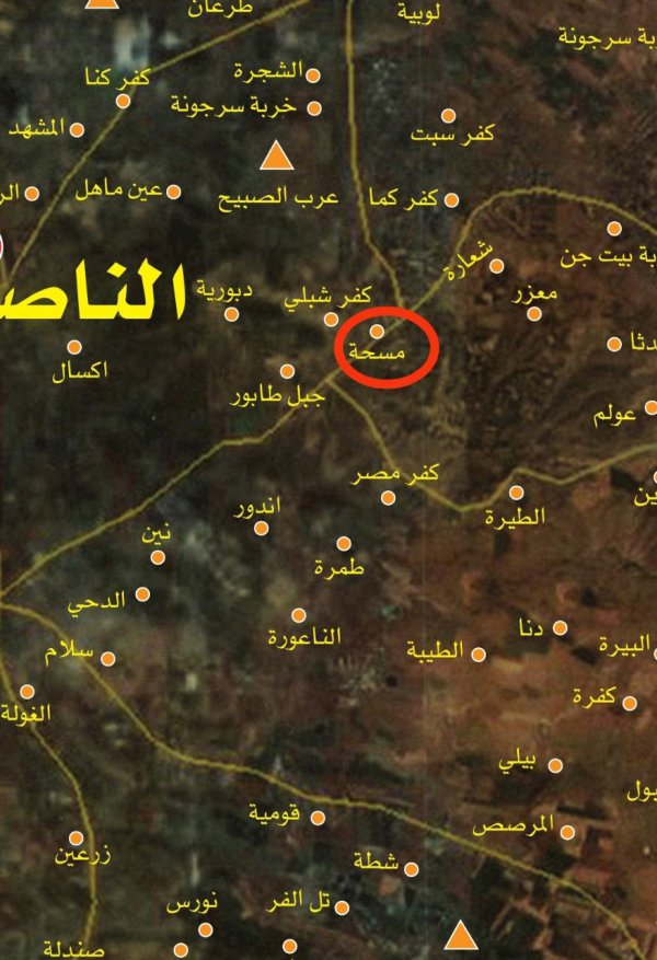 خارطة توضح موقع قرية مسحة، لاحظ قربها من مدينة الناصرة، ومع ذلك كانت من قرى قضاء مدينة طبرية