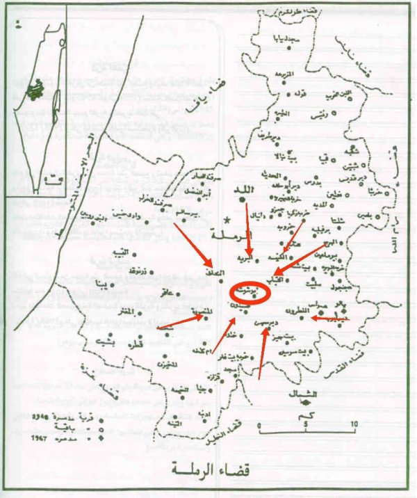 خارطة توضيحية لموقع قرية أبو شوشة قضاء الرملة وحدودها من القرى والبلدات