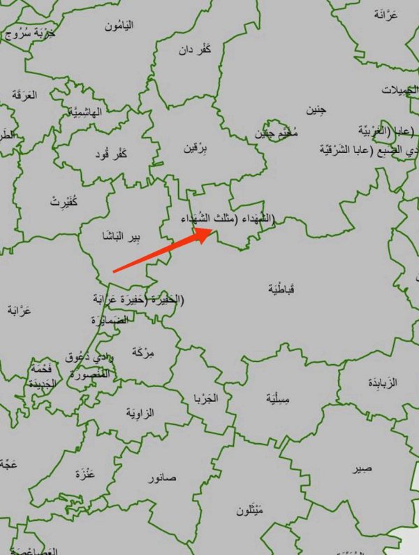 خارطة توضح موقع قرية الشهداء وما يجاورها من قرى وبلدات نقلاً عن الجهاز المركزي للإحصاء الفلسطيني