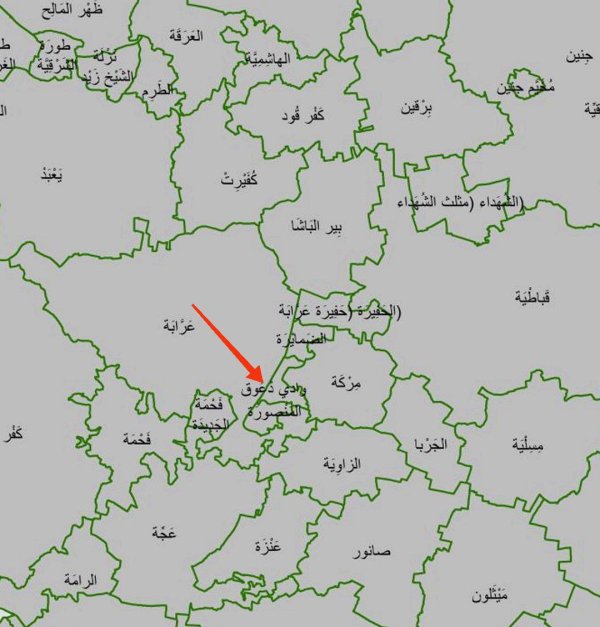 خارطة توضح موقع قرية وادي دعوق نقلاً عن الجهاز المركزي للإحصاء الفلسطيني