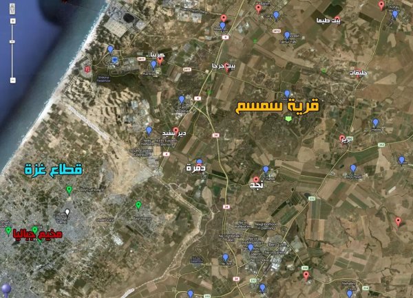 أصورة من القمر الصناعي تظهر موقع قرية سمسم، نقلاً عن موقع فلسطين في الذاكرة