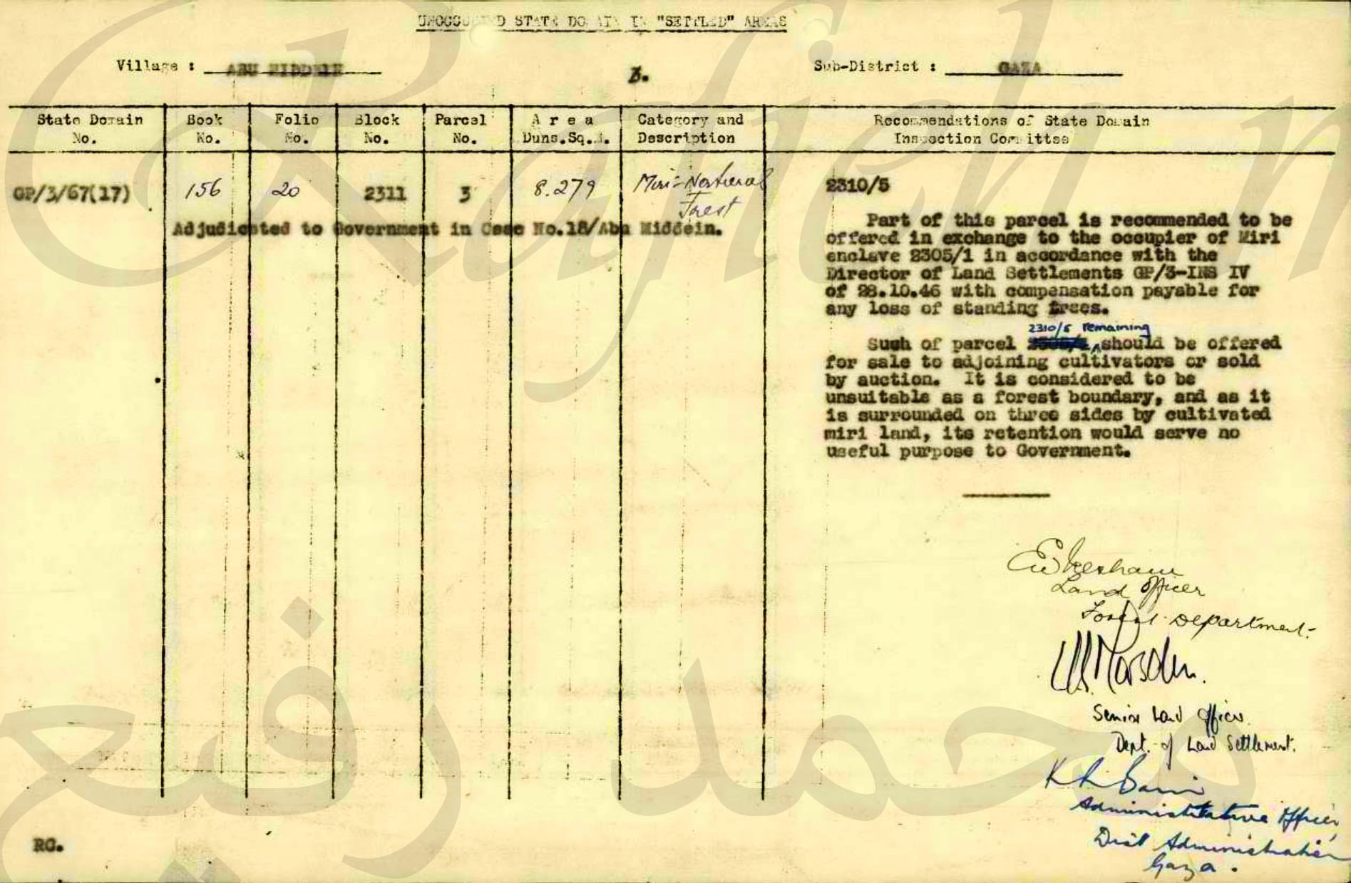 تسجيل (أراضي الدولة) و(الأراضي الأميرية) في (منطقة أبو مدين؛ قضاء غزة؛ فلسطين) في العام 1947، نقلًا عن الباحث محمد رفيع
