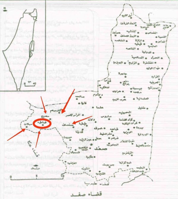خارطة توضيحية لموقع قرية غباطية وحدودها من القرى والبلدات