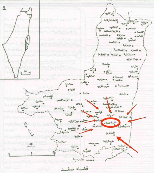 خارطة توضيحية لموقع خربة المنطار وحدودها من القرى والبلدات