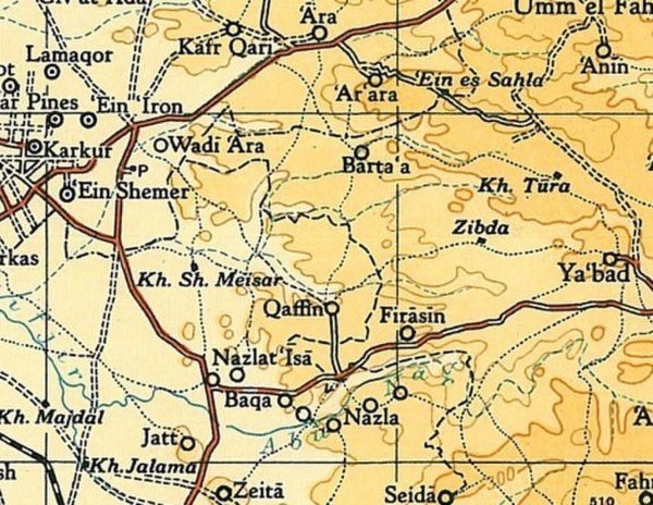 خارطة قديمة تظهر موقع قرية برطعة والتي كانت في ذلك الوقت قرية واحدة