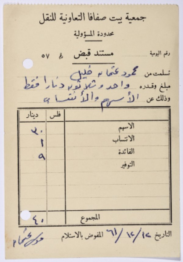 مستند قبض مبلغ مقداره واحد وثلاثون دينار من جمعية بيت صفافا التعاونية للنقل تم تسليمها من محمود عثمان خليل لموسى عثمان من قرية بيت صفافا في القدس عن الأسهم والانتساب للجمعية عام 1961.