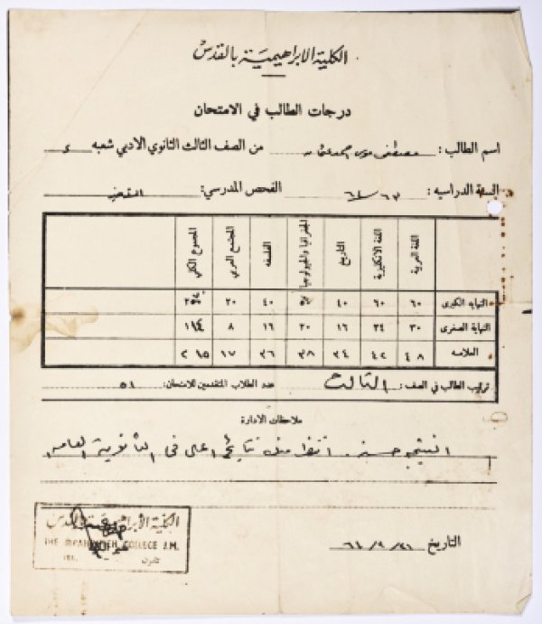 شهادة دراسية للصف الثالث الثانوي الأدبي للطالب مصطفى عثمان من قرية بيت صفافا من الكلية الابراهيمية بالقدس عام 1964.